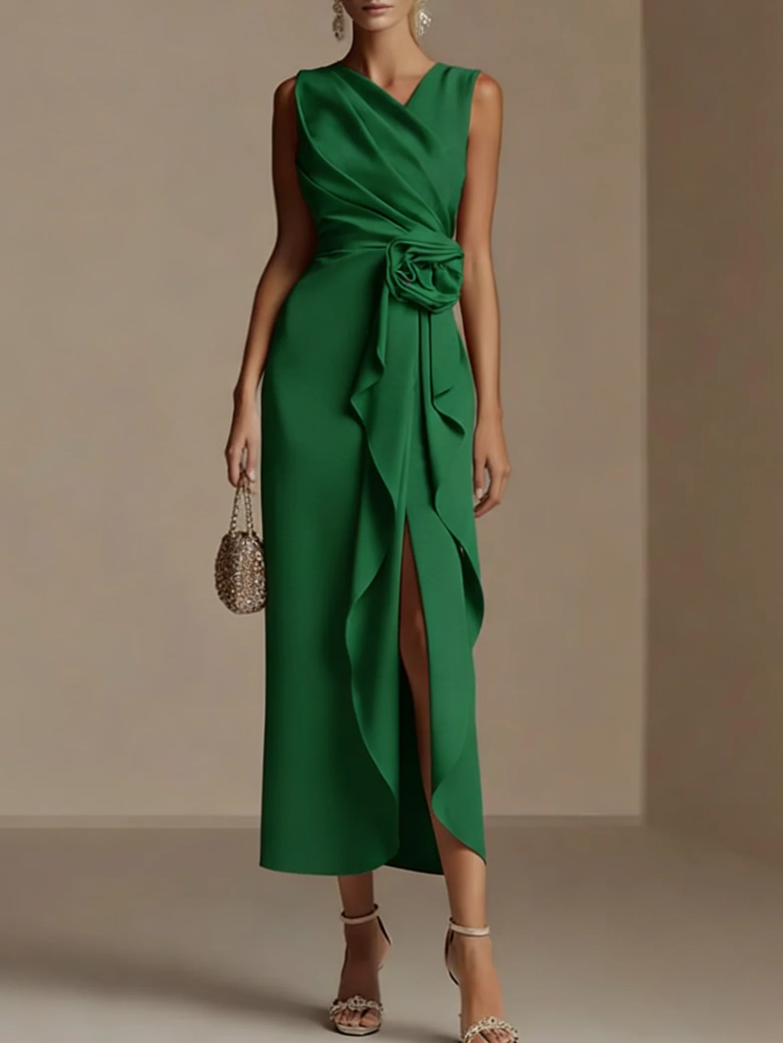 Green 3D Floral Peplum Classic V Neck Sleeveless Shift Midi Dress