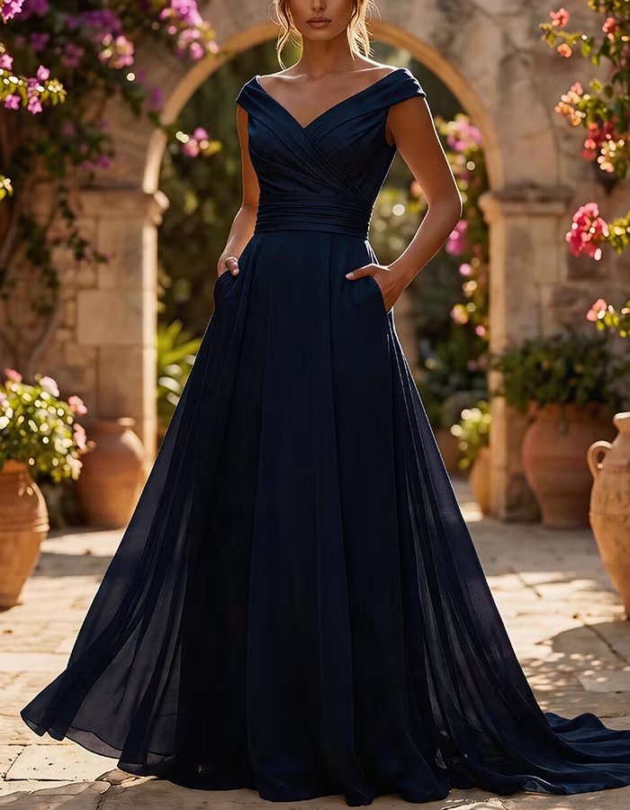 Light Blue Off-the-Shoulder Ruched Chiffon A-Line Maxi Dress