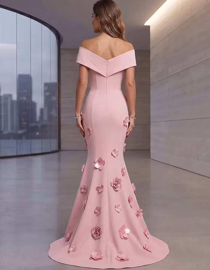 Pink Off Shoulder Fold V Neck 3D Floral Maxi Dress