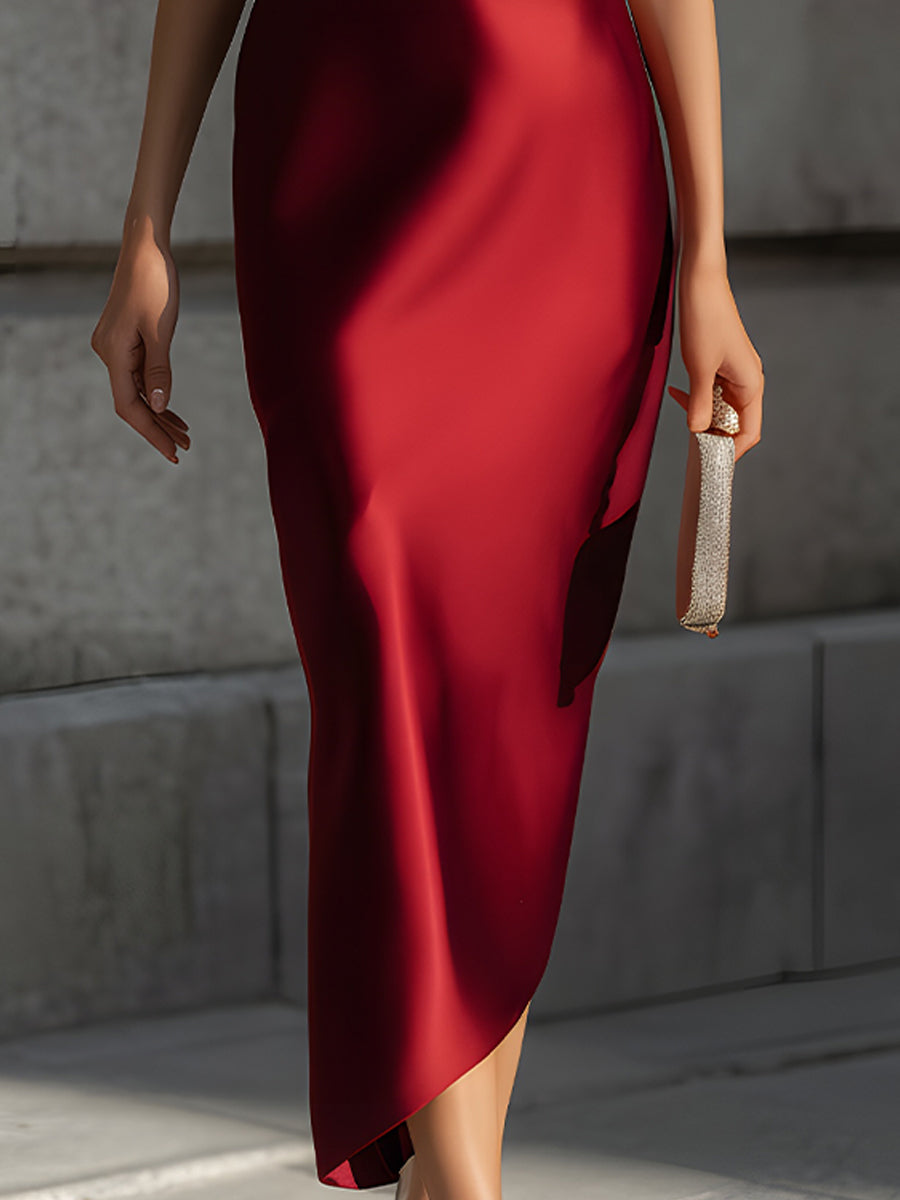 Ivory & Burgundy Asymmetric Color-Block Satin Midi Dress