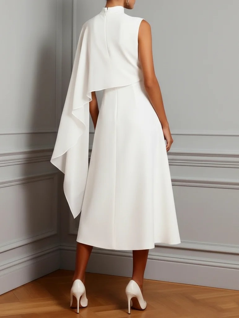 White Ruched Classic Stand Collar Sleeveless A-Line Midi Dress
