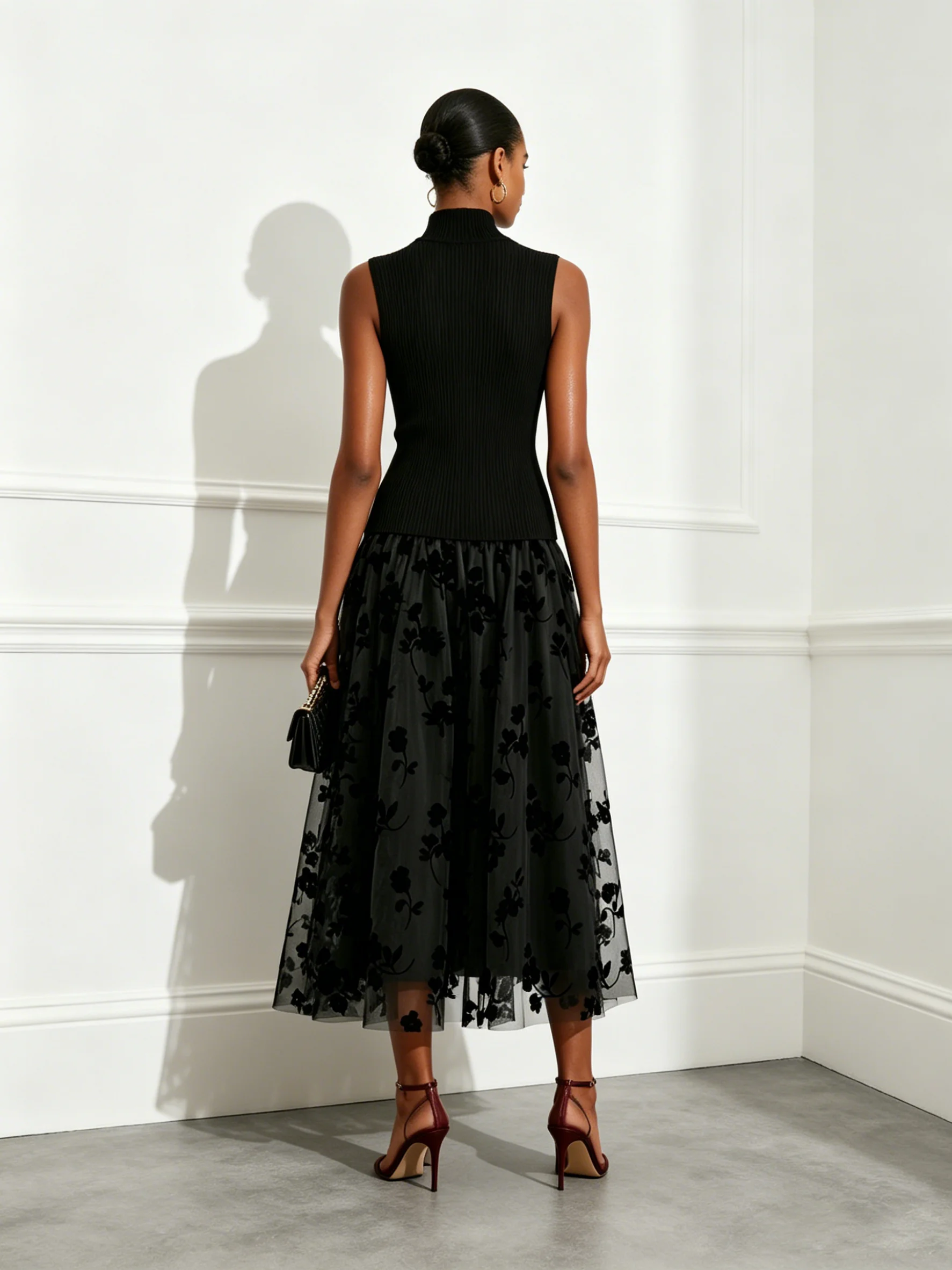 Black Flocked Knit High Neck Sleeveless A-Line Maxi Dress