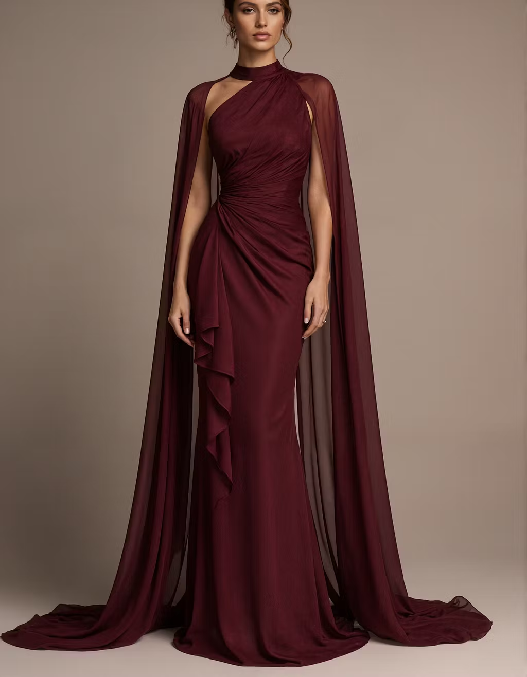Burgundy High Neck Shawl Sleeve Chiffon Satin Maxi Dress