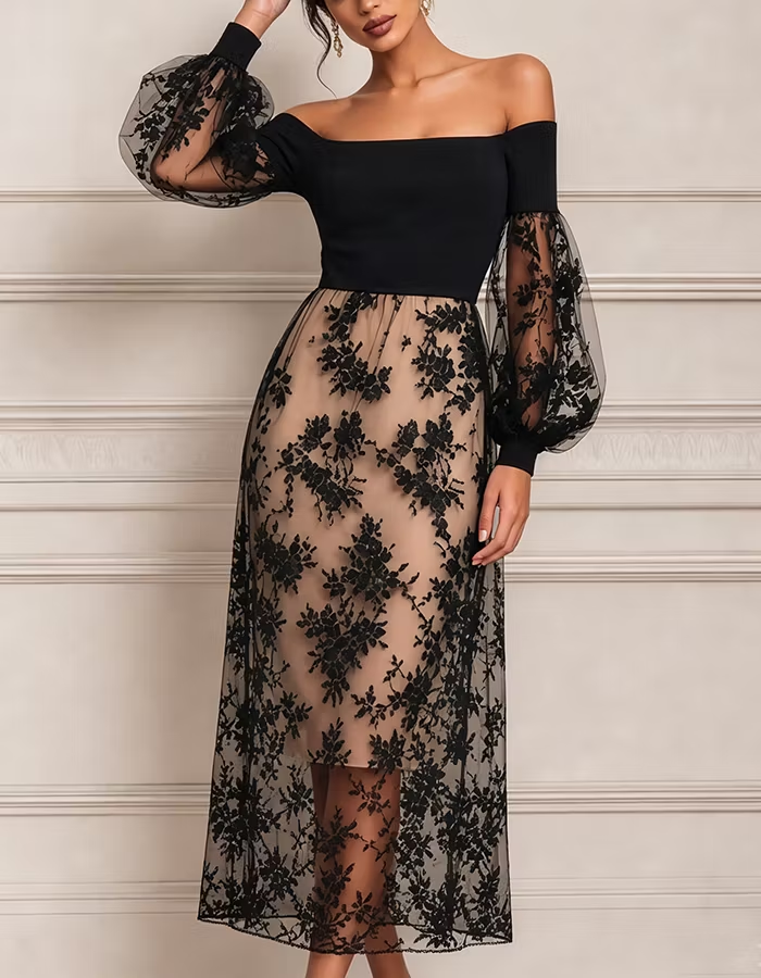 Black Off Shoulder Sheer Puff Sleeve Floral Lace Nude Lined Midi Dress