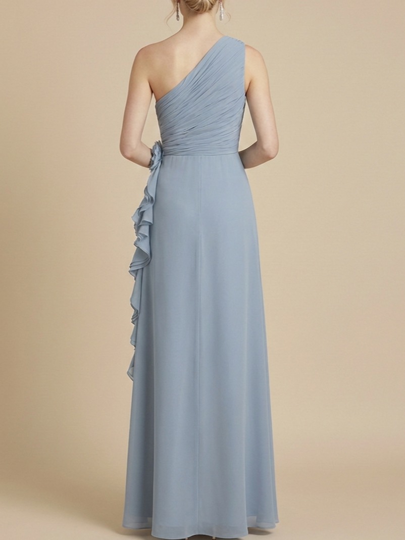 Dusty Blue Sheath Maxi Chiffon One-Shoulder Ruched Rosette Bridesmaid Dress