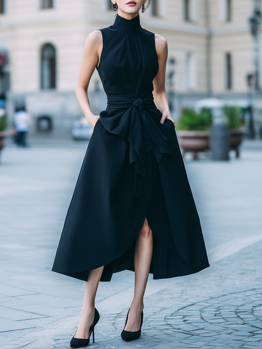 Elegant Black High-Neck Sleeveless Asymmetrical Midi Dress