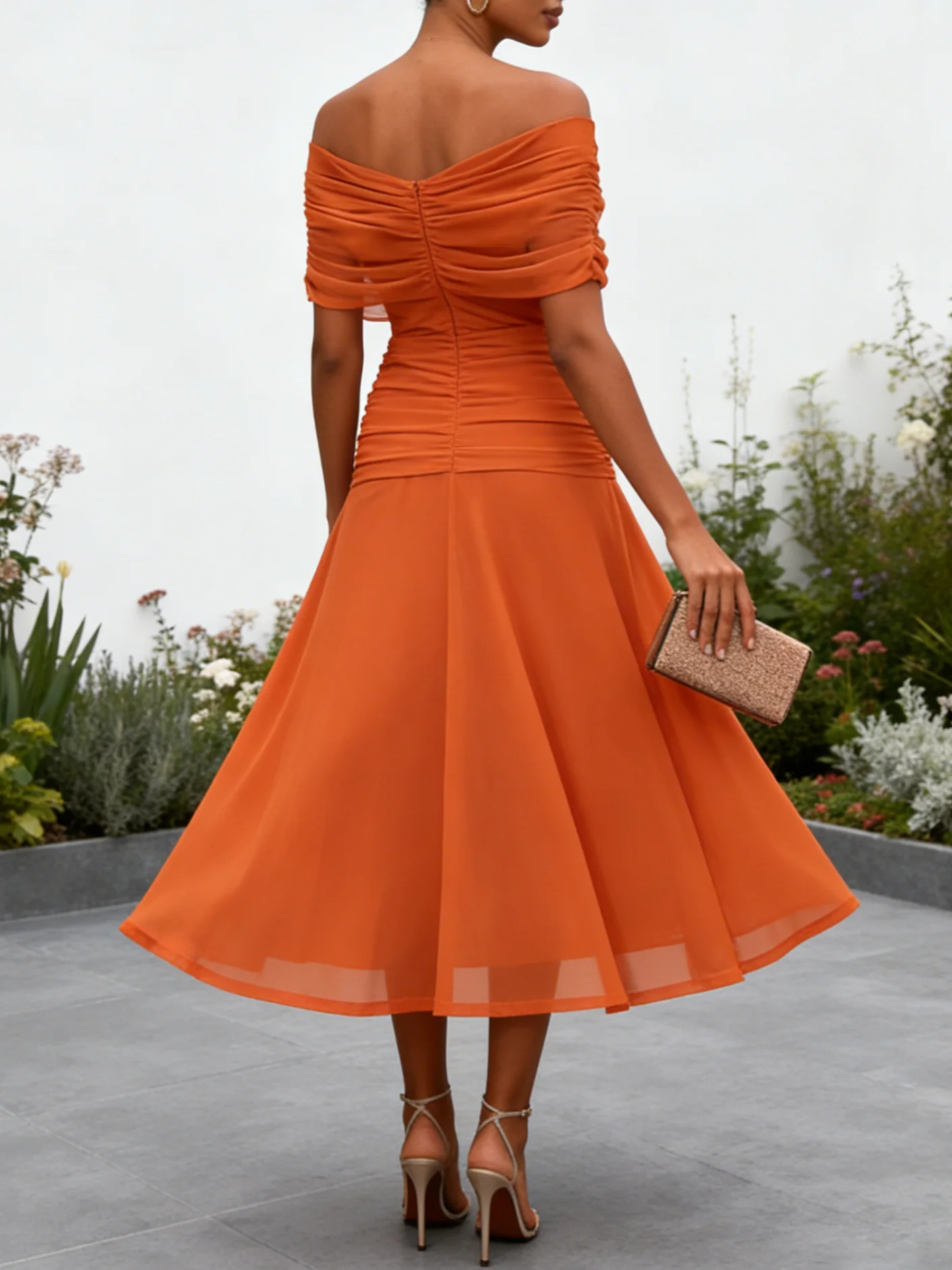 Orange Ruched Classic Off The Shoulder Sleeveless A-Line Midi Dress