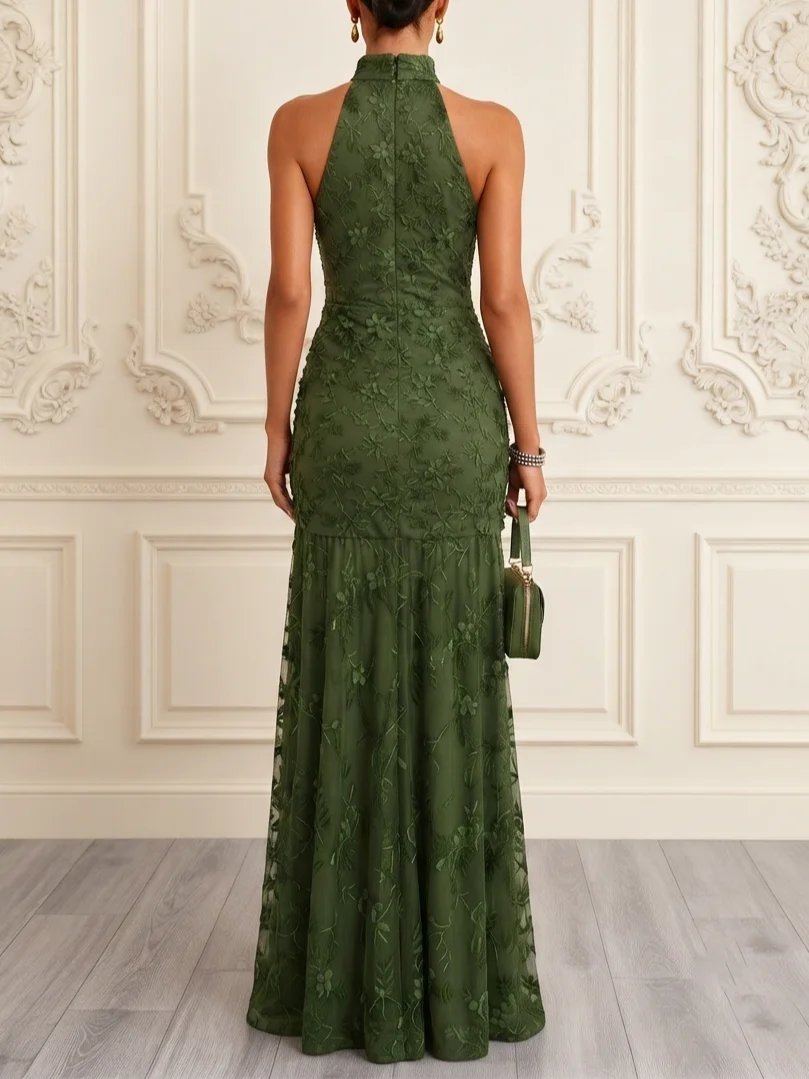 Army Green 3D Floral Flocked Classic Halter Neck Sleeveless A-Line Gown Dress