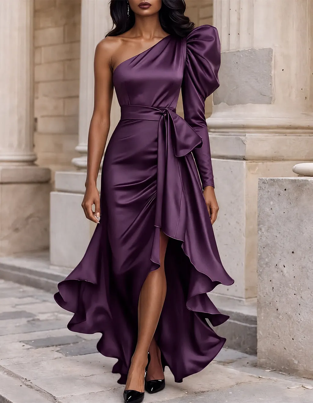 Purple Satin One Shoulder With Puffed Long Sleeves Maxi Dress