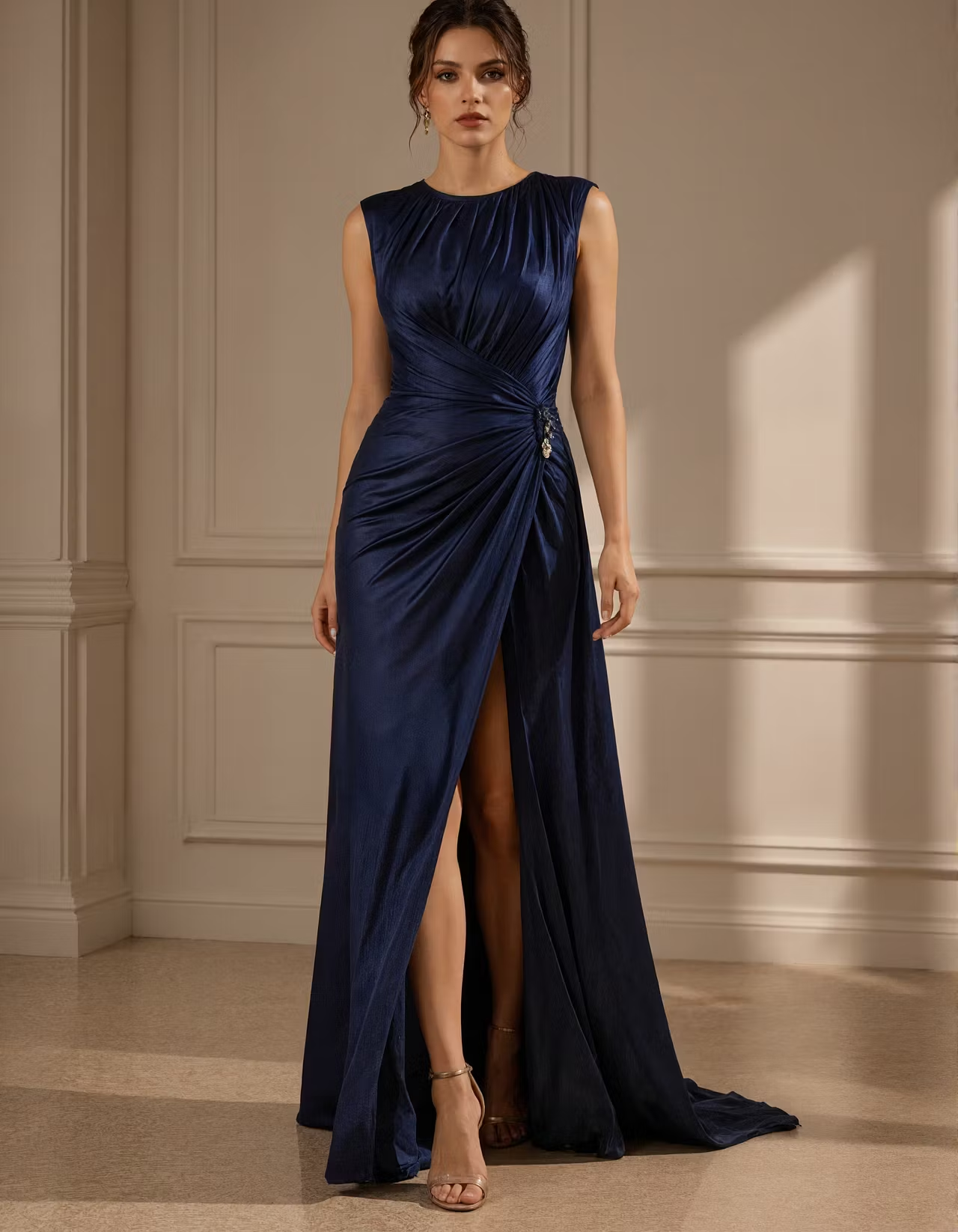 Dark Blue Satin Round Neck Maxi Dress