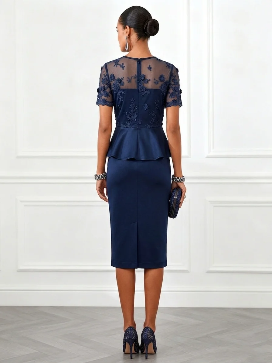 Purplish Blue 3D Floral Classic Crew Neck Short Sleeve Sheath Midi Dress