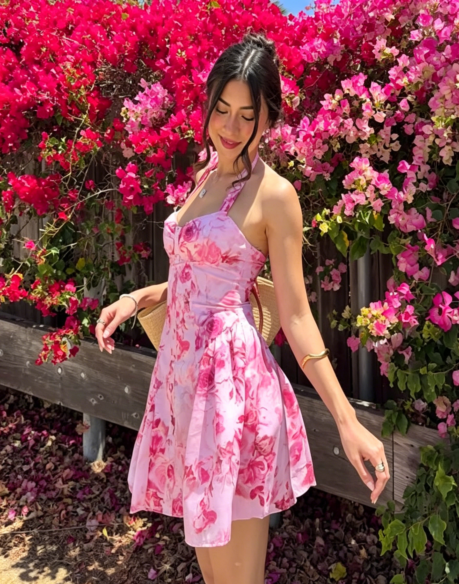Pink Floral Halter Mini Dress Front Button Flowy Swing Skirt