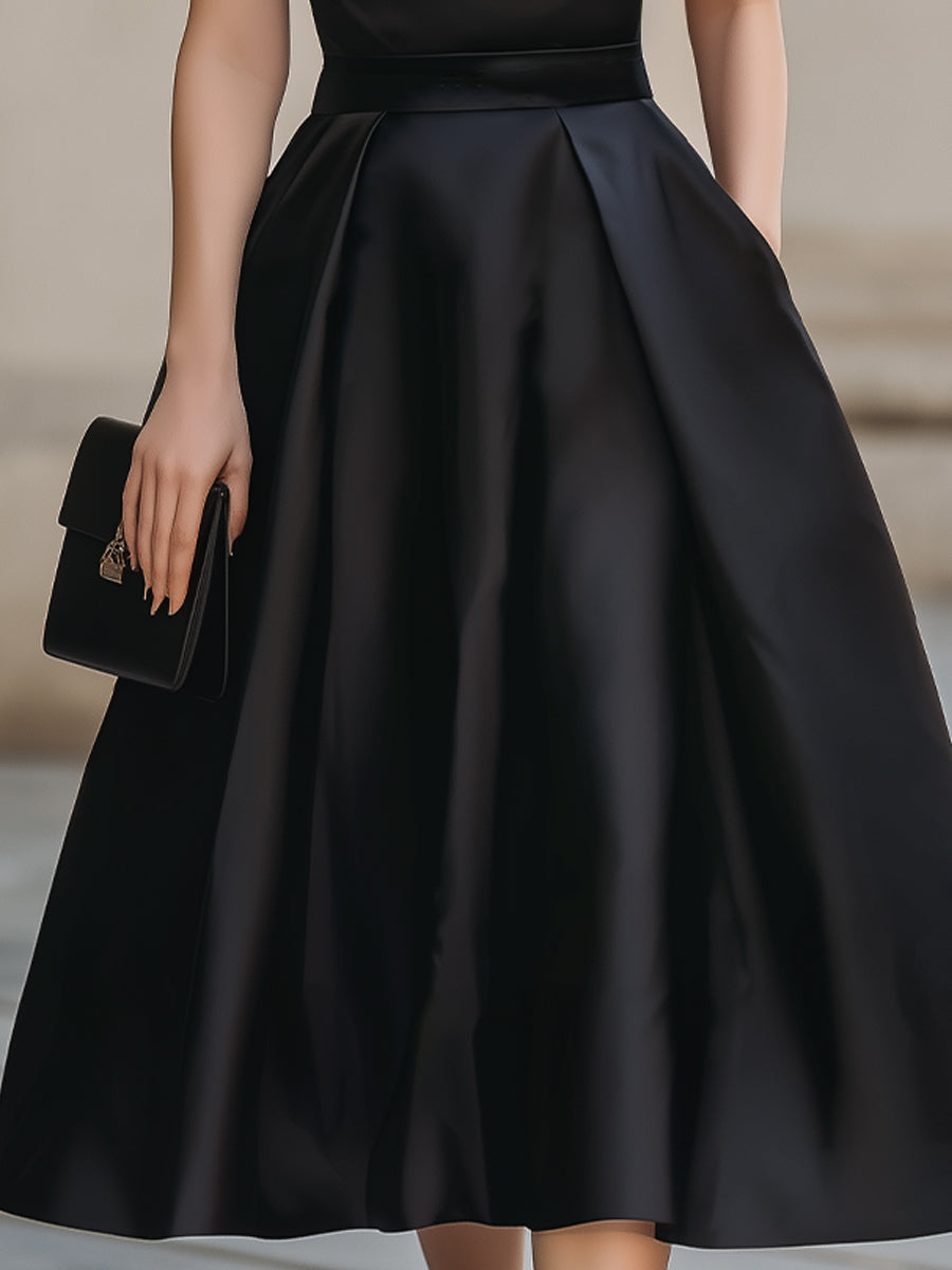 Black Off-Shoulder Satin Fit-and-Flare Midi Dress With Pockets