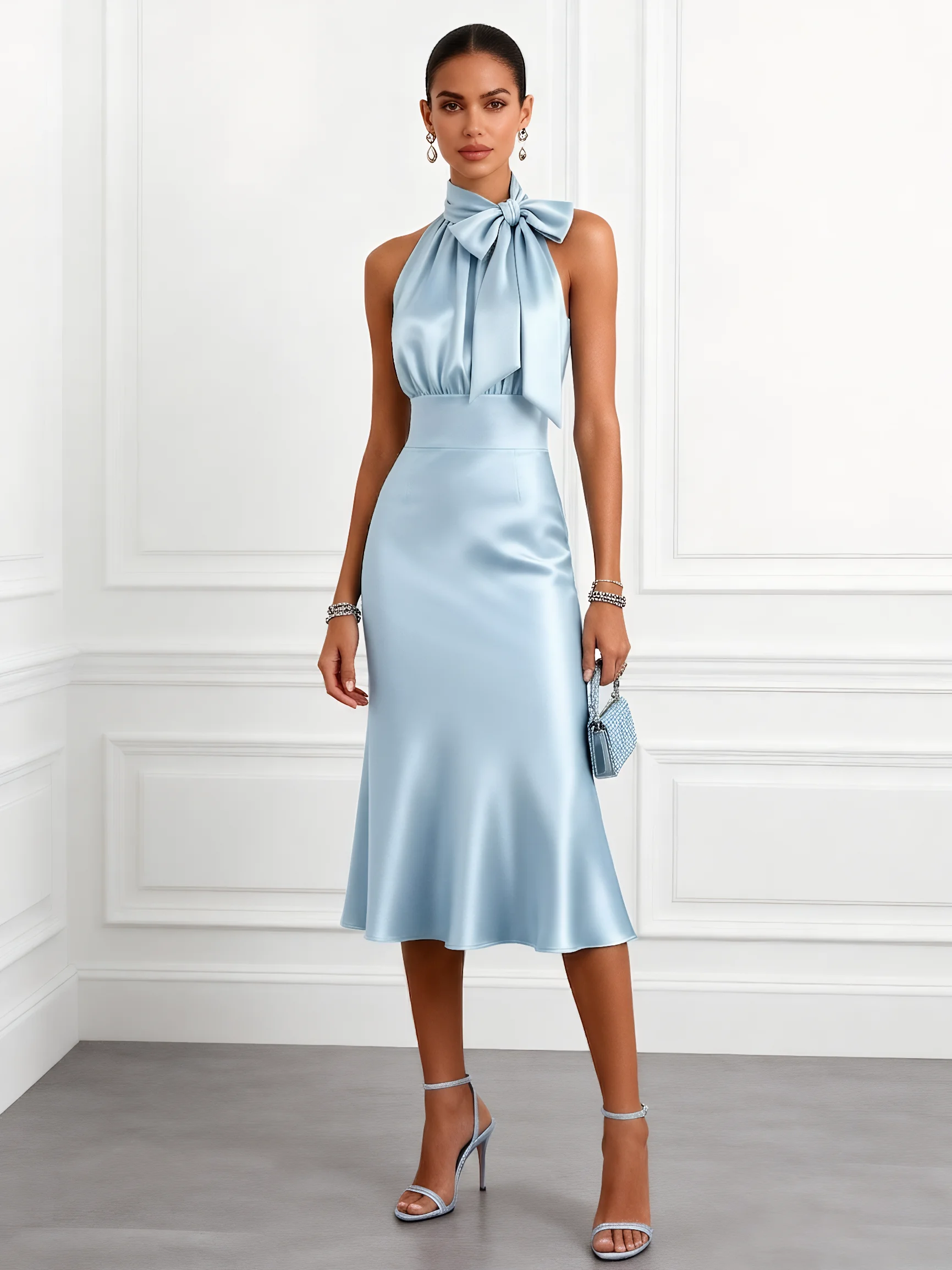 Light Blue Bow Satin Halter Neck Sleeveless Mermaid Midi Dress