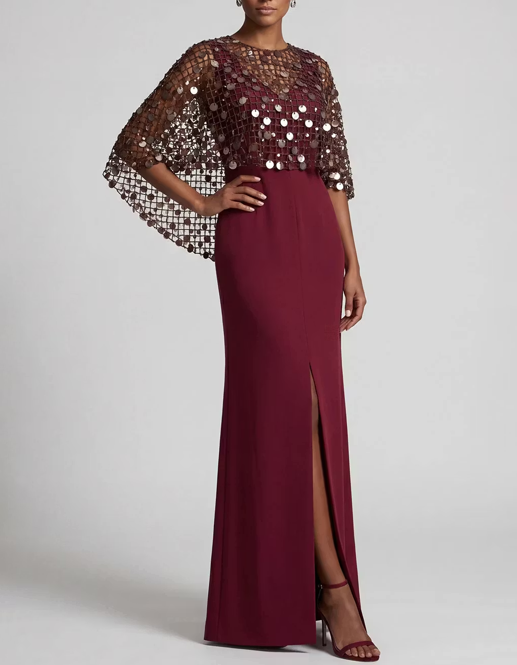 Round Neck Mesh Sequin Cape Crepe Slit Evening Maxi Dress