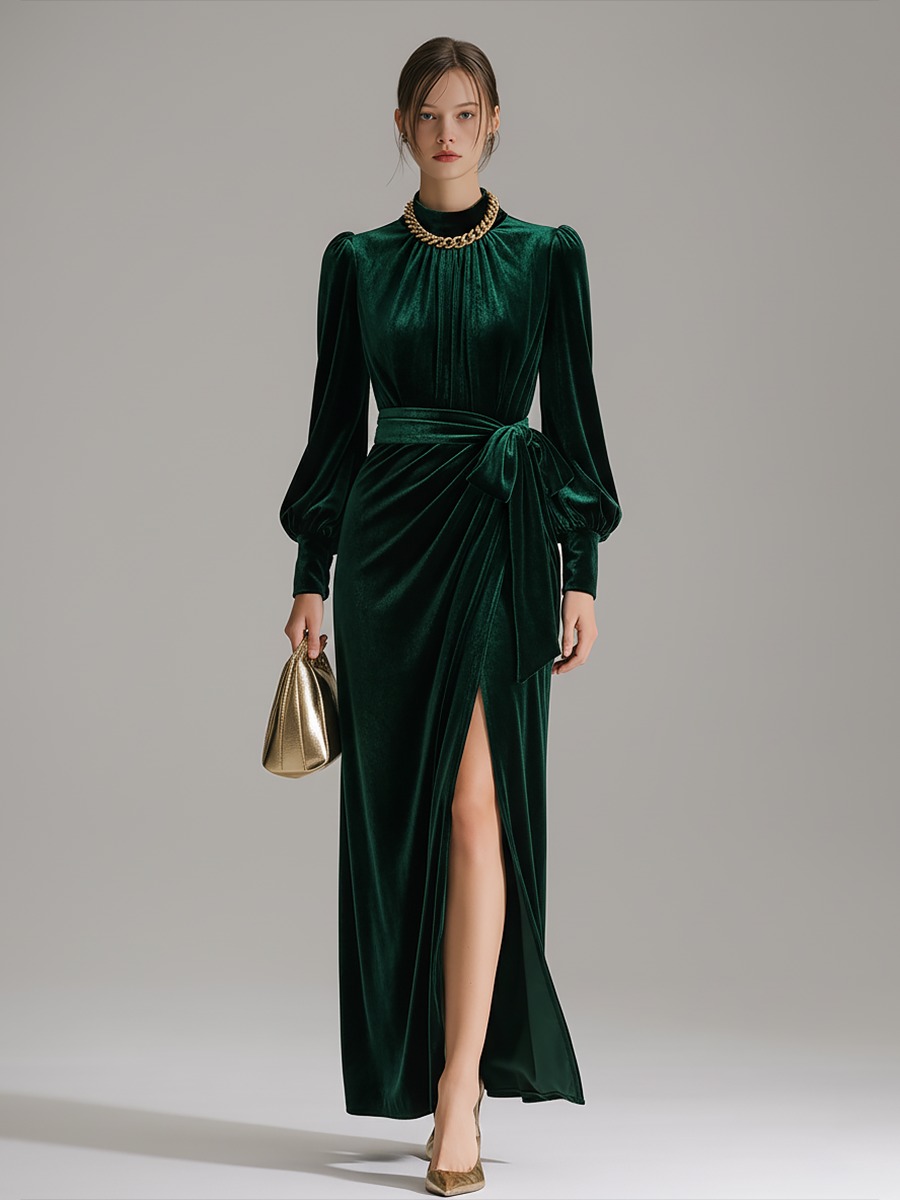 Elegant Stand-up Collar Lantern Sleeve Velvet Maxi Dress