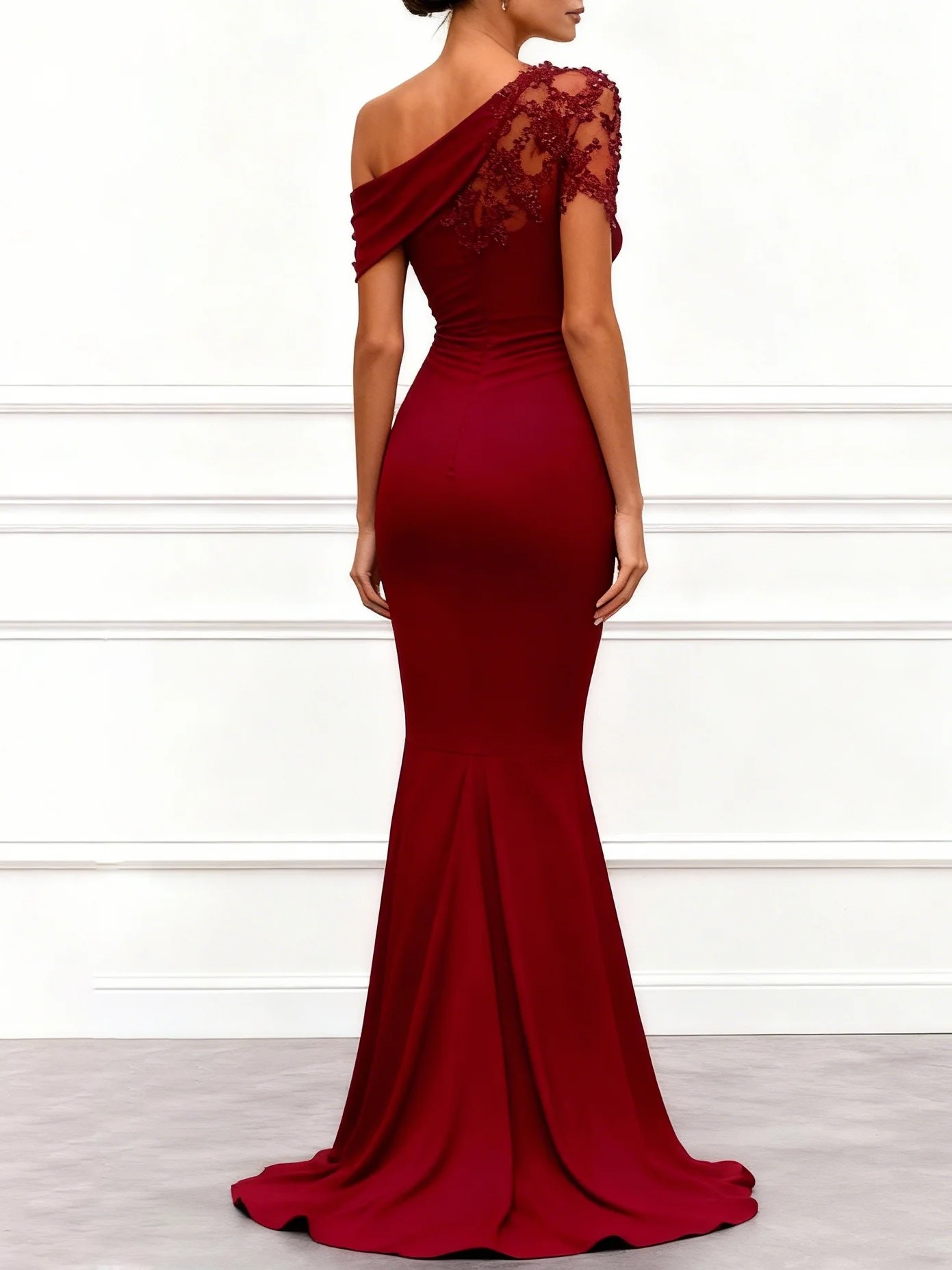 Wine Red Lace Ruched Knit One Shoulder Short Sleeve Mermaid Gown Dress