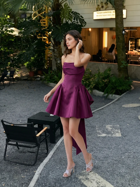 Purple Strapless Satin Mini Dress High‑Low Train Party Gown