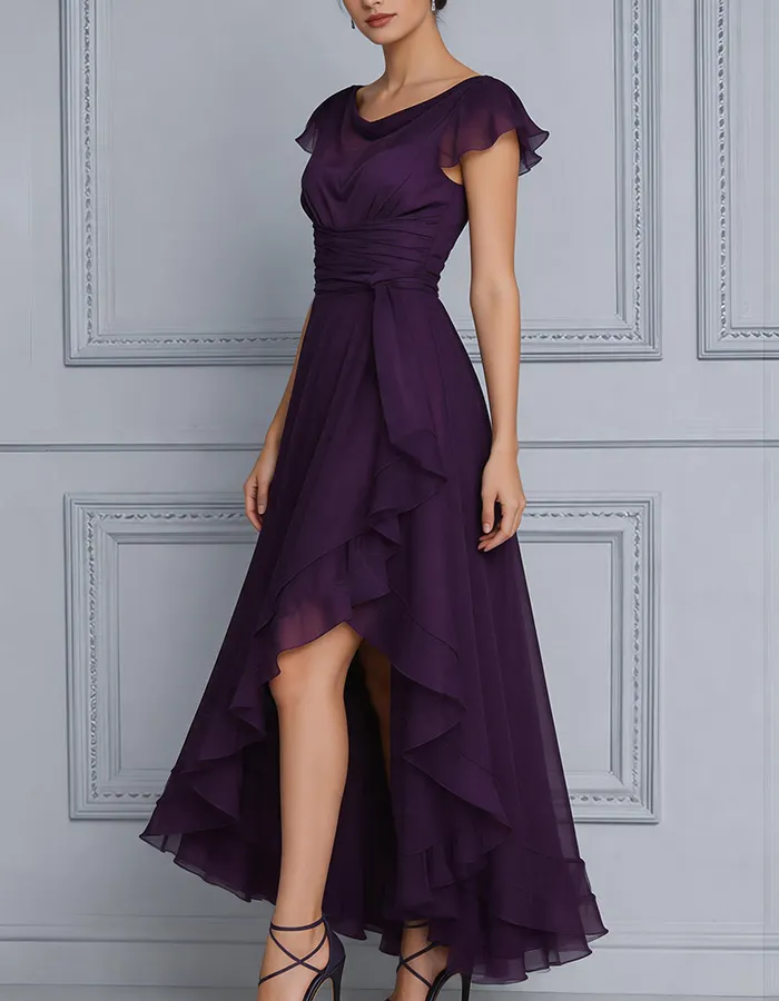 Deep Purple Cowl Neck Flutter Sleeve Chiffon High-Low Maxi Dress