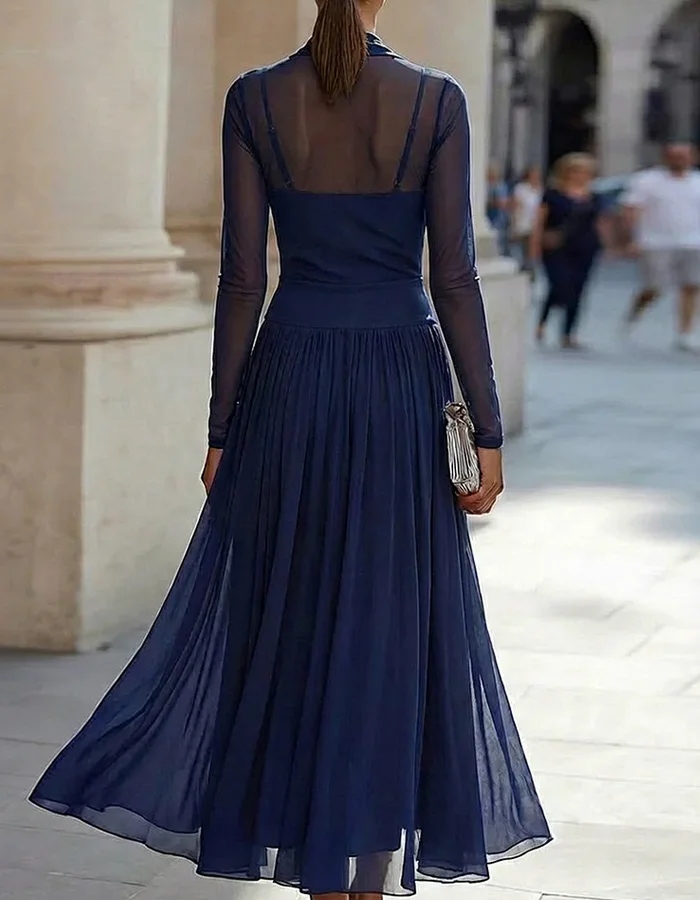 Draped-neck Chiffon Midi Dress
