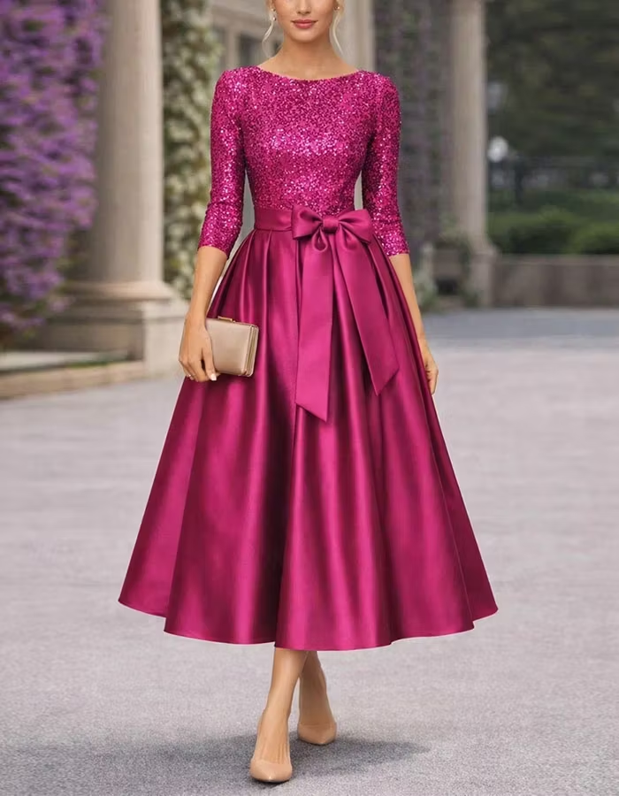 Two Tone Patchwork Three Quarter Sleeve Midi Dress
