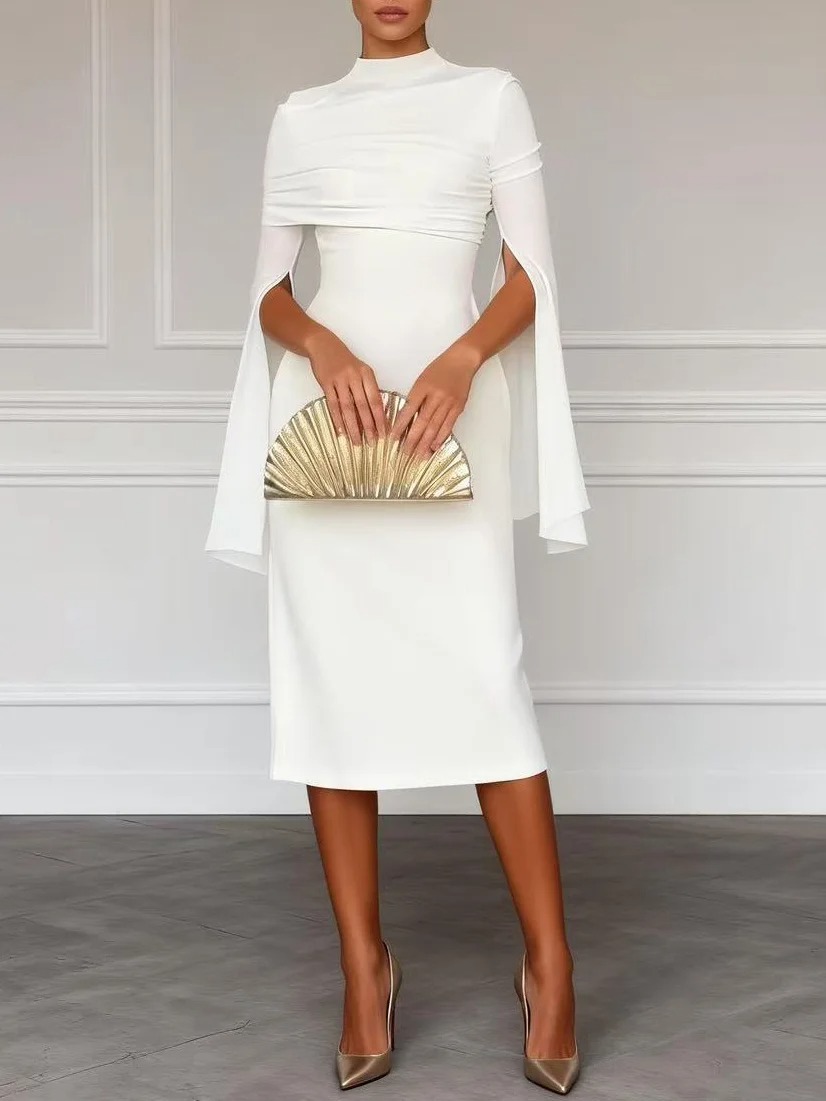 White Slit Chiffon Mock Neck Long Sleeve Bodycon Midi Dress