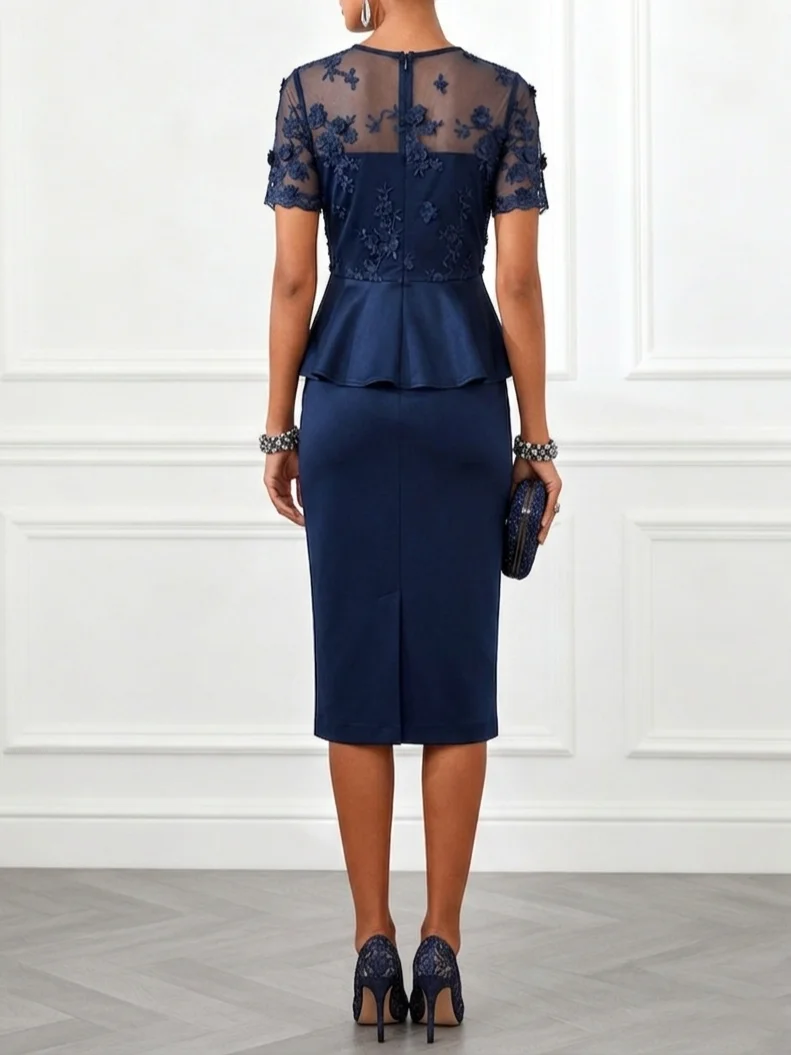Purplish Blue 3D Floral Classic Crew Neck Short Sleeve Sheath Midi Dress