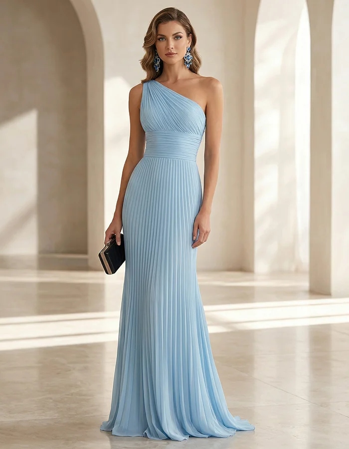 Ice Blue Off Shoulder Cinched Waist Pleated Fishtail Maxi Dress