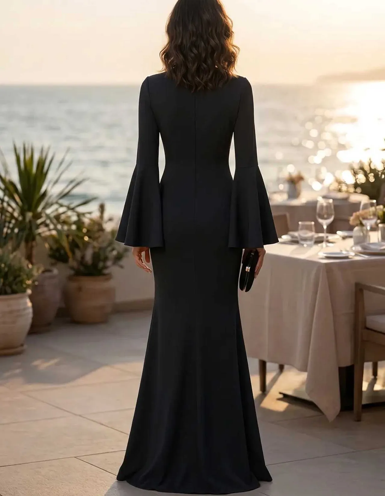 High Neck Flare Sleeve Ruffled Slit Mermaid Maxi Dress