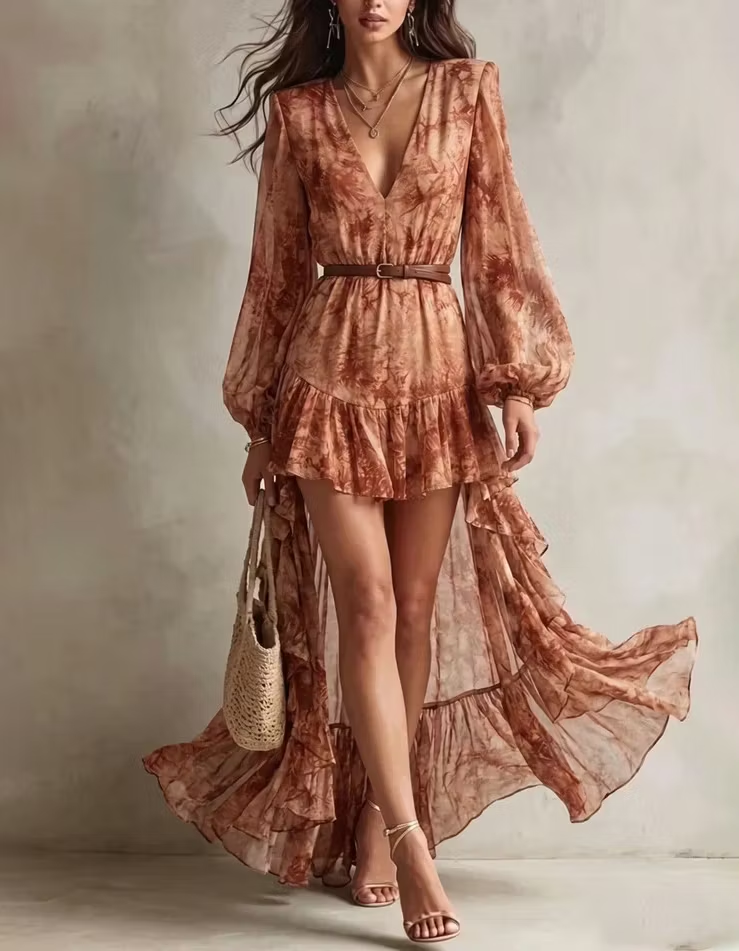 Rust Brown Printed Chiffon V-Neck Puff Sleeve High-Low Ruffle Maxi Dress