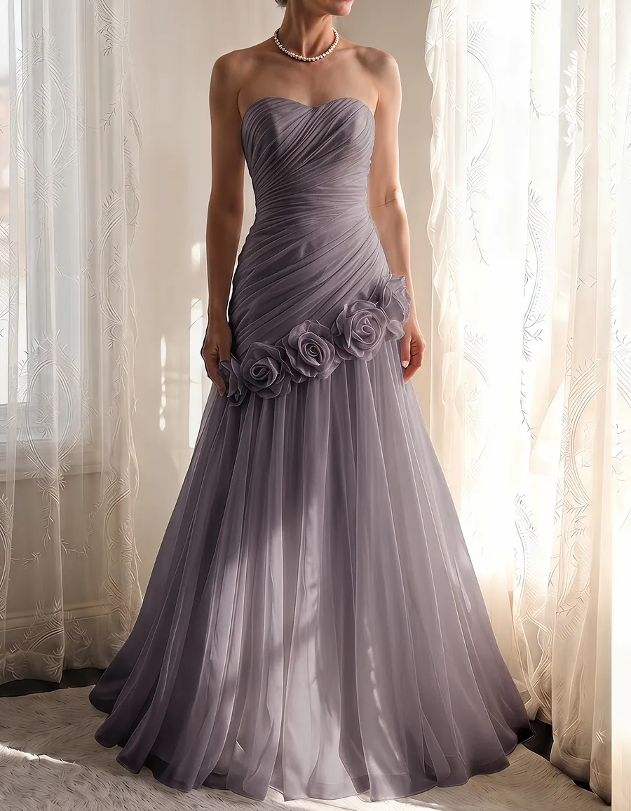 Chiffon Strapless Asymmetrical 3-Dimensional Rose Maxi Dress