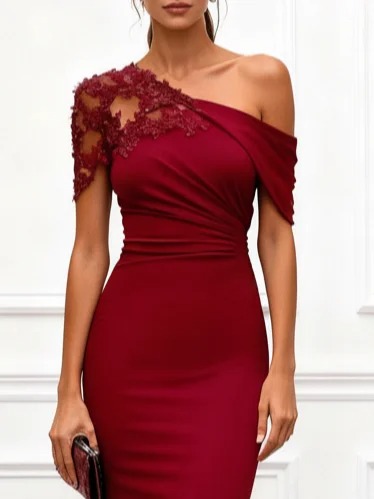 Wine Red Lace Ruched Knit One Shoulder Short Sleeve Mermaid Gown Dress