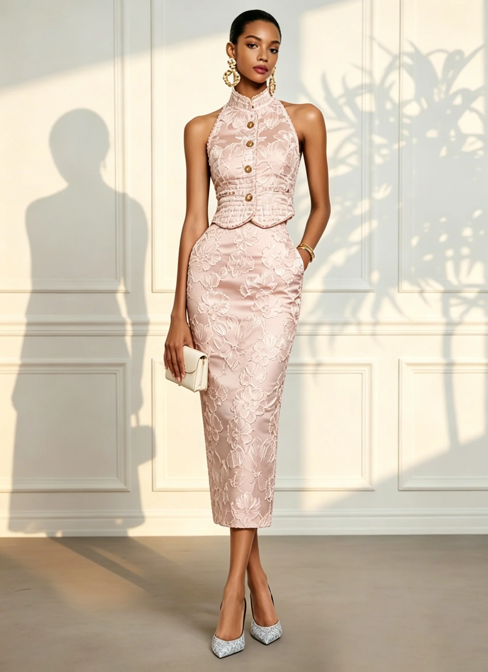 Women Pink Jacquard Stand Collar Sleeveless Elegant Top With Skirt Two-Piece Set