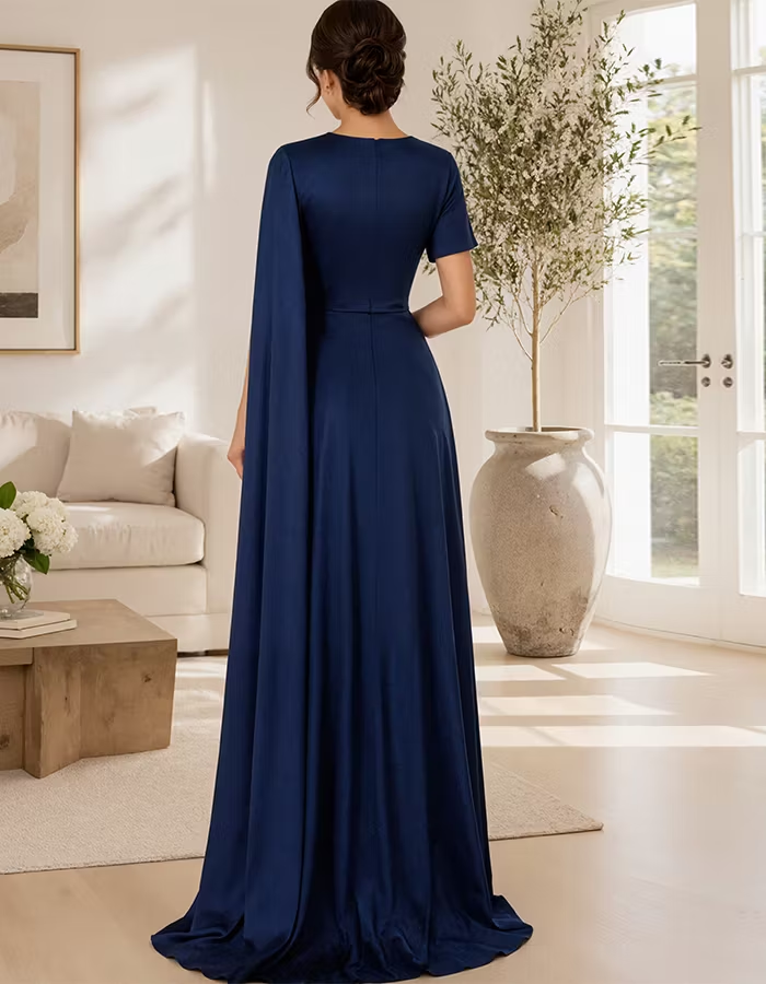Navy Blue Satin Short Sleeved Cape Style Maxi Dress