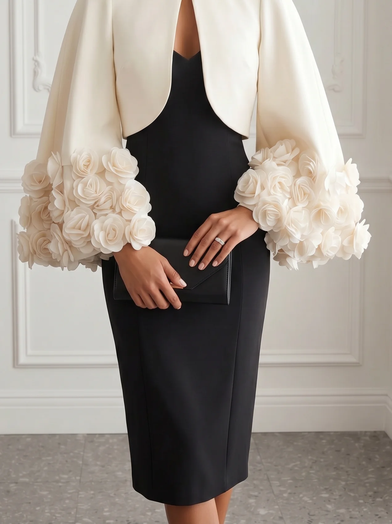 Women Black 3D Floral Crew Neck Half Sleeve Elegant Coat With Skirt Two-Piece Set