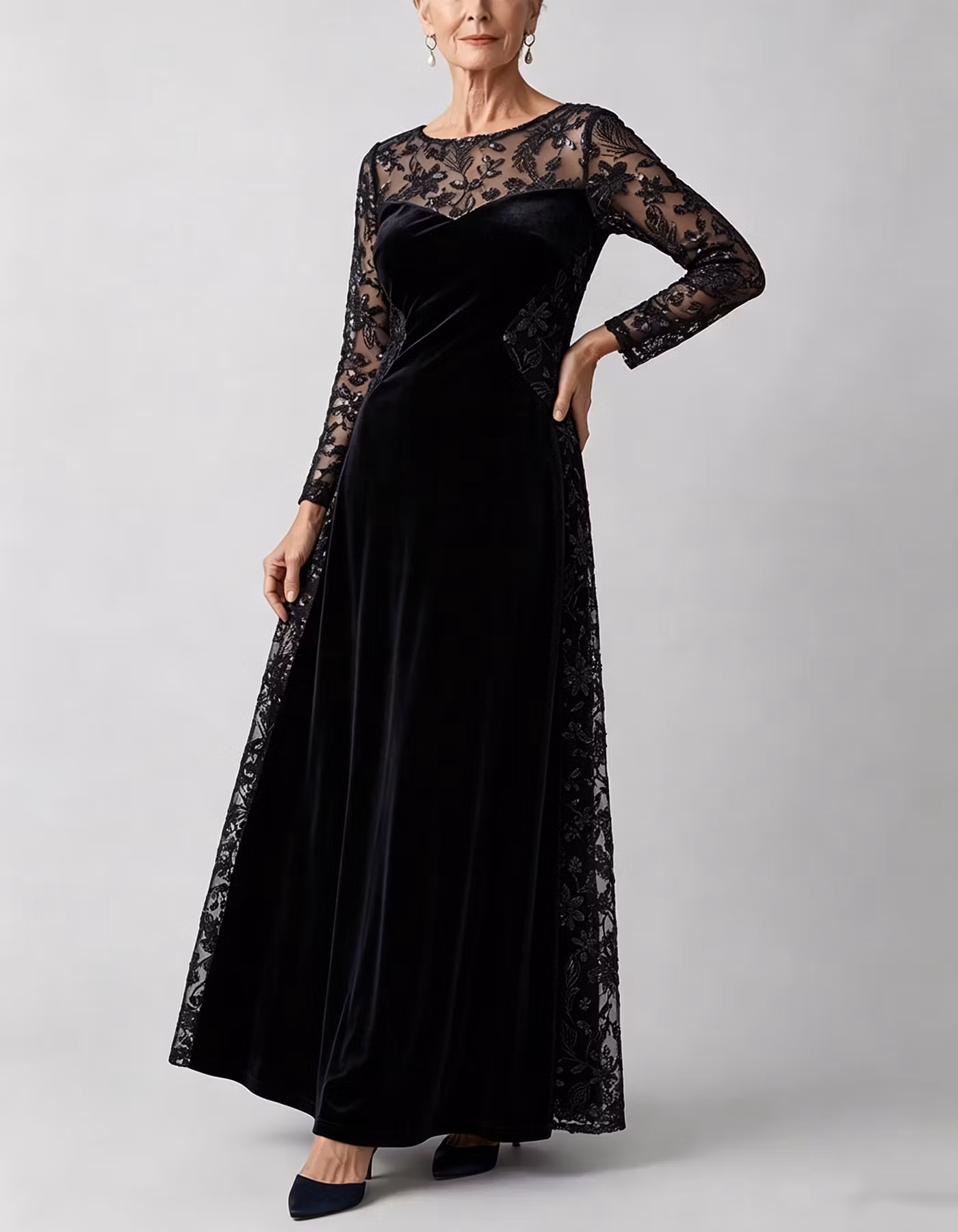 Navy Blue Sequin Floral Lace & Velvet Maxi Dress