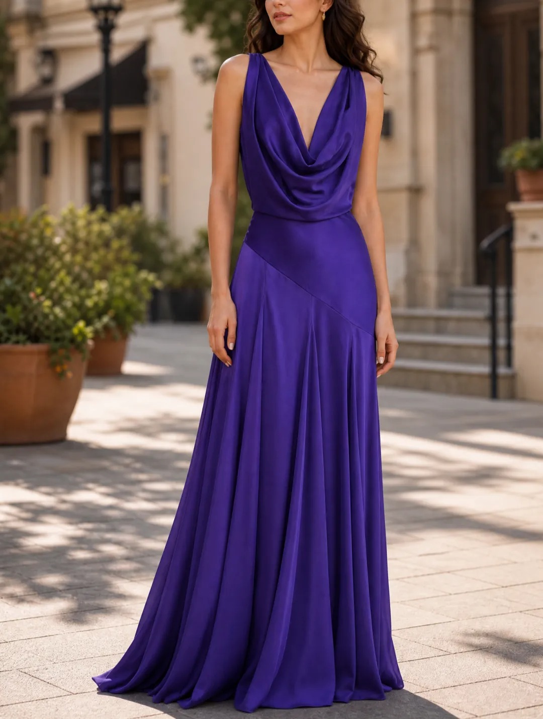 Royal Purple Cowl Neck Sleeveless Draped A-Line Floor-Length Gown Dress