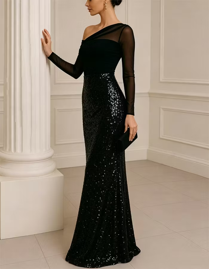Black Asymmetrical Off-the-shoulder Mesh Long-sleeved Sequined Maxi Dress