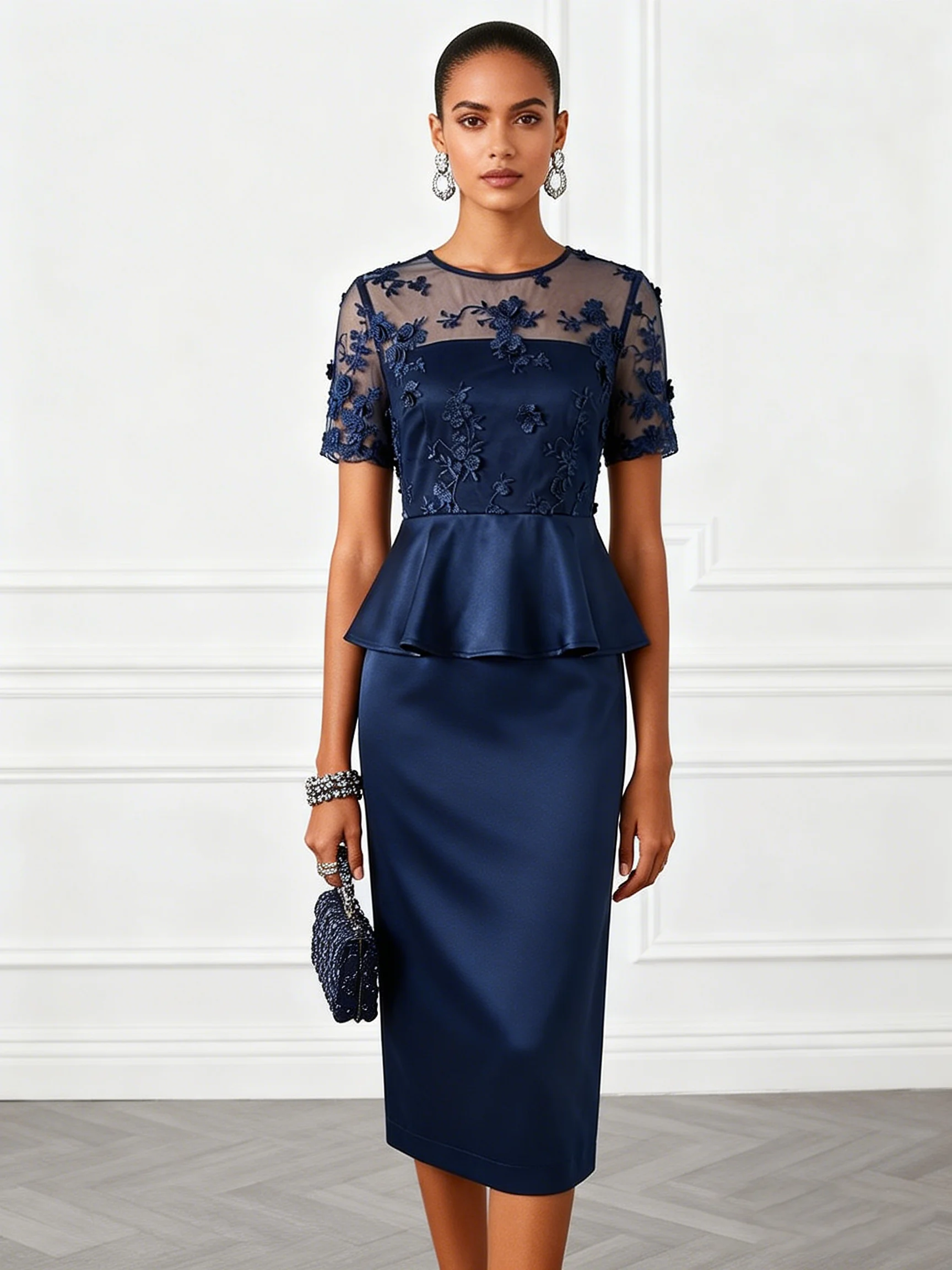 Purplish Blue 3D Floral Classic Crew Neck Short Sleeve Sheath Midi Dress