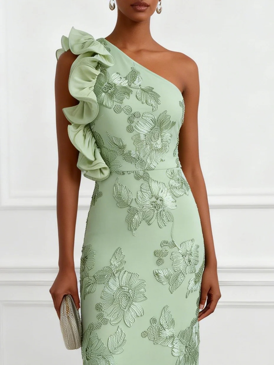 Lightgreen 3D Floral Jacquard Classic One Shoulder Sleeveless Sheath Floor-length Gown Dress