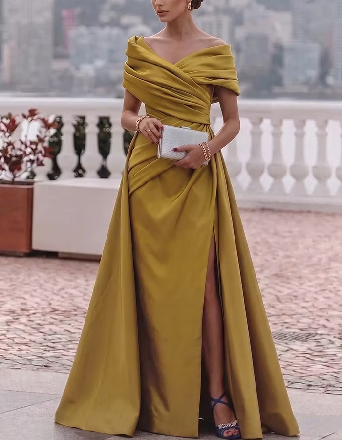 Mustard Yellow Off Shoulder Twisted Ruched Satin Maxi Dress