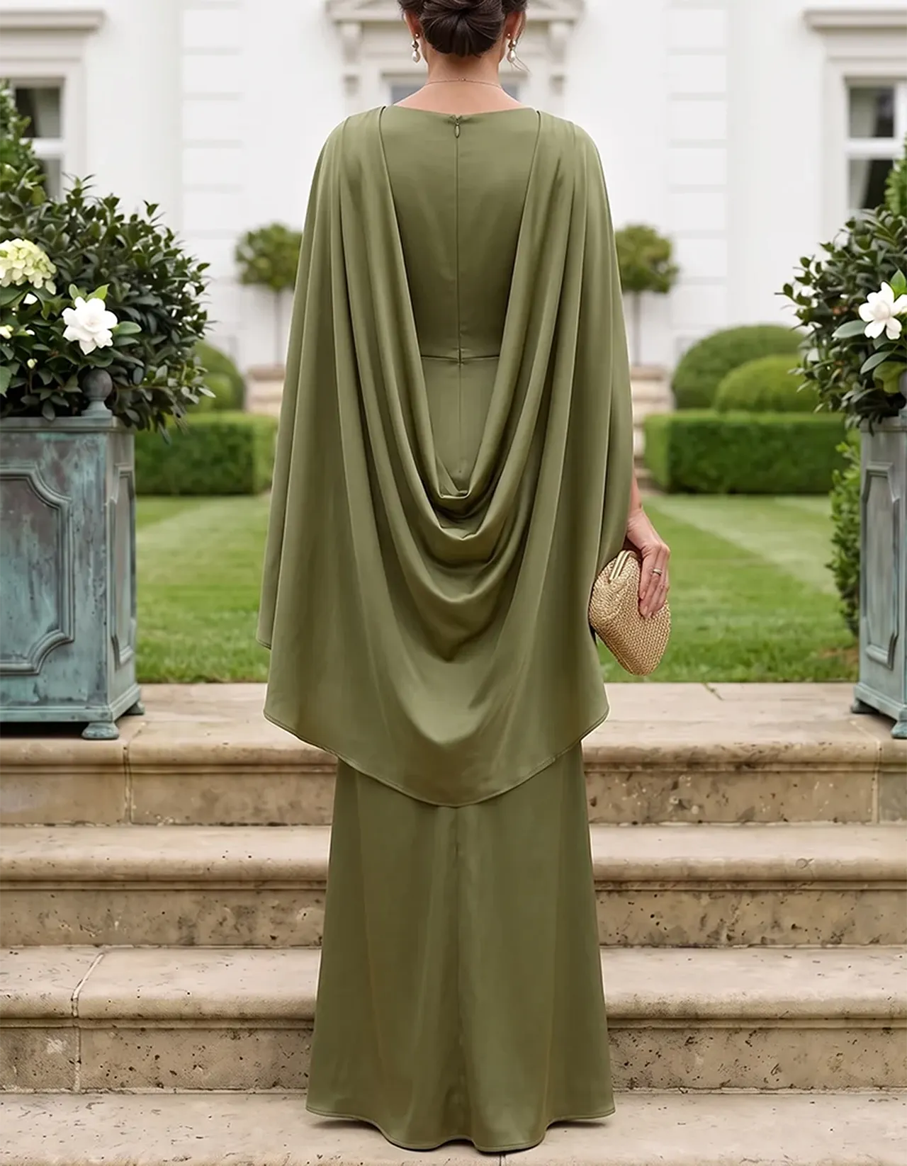 Olive Green V-Neck Cape Sleeve Satin Slit Maxi Dress