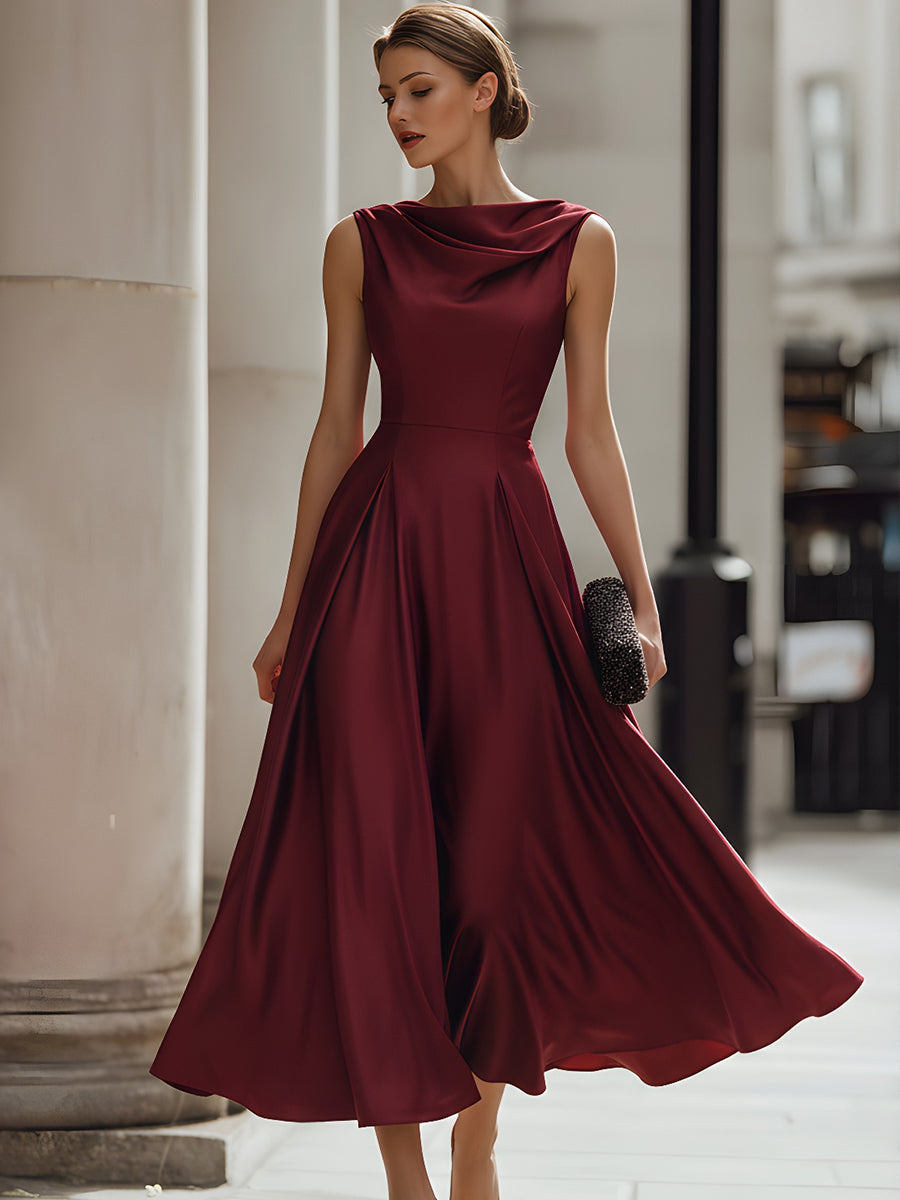 Burgundy Draped Sleeveless Midi Dress With Defined Waist