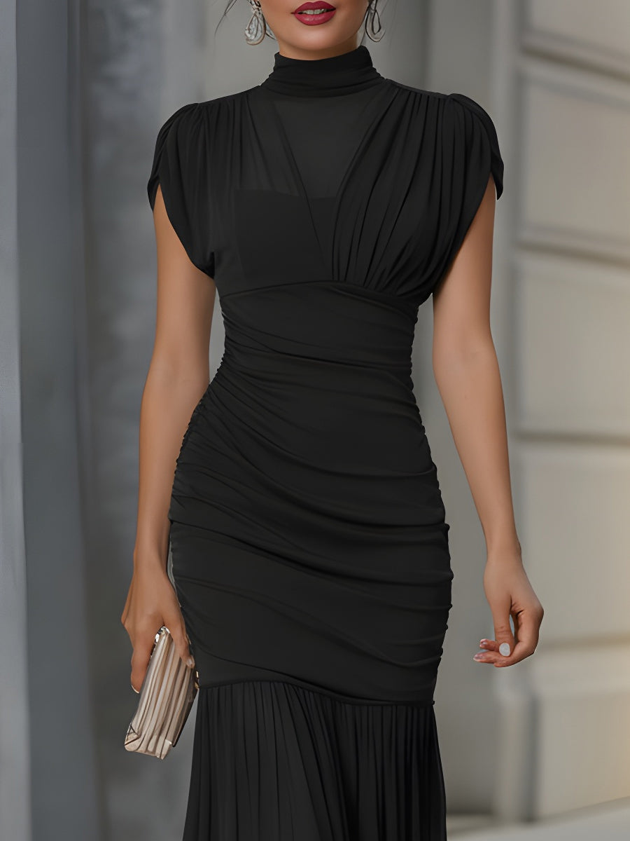 Black Draped High-Neck Ruched Mermaid Maxi Dress