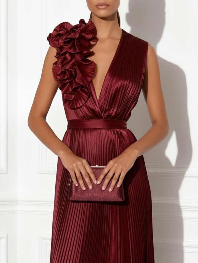 Wine Red 3D Floral Pleated Satin Deep V Neck Sleeveless A-Line Midi Dress