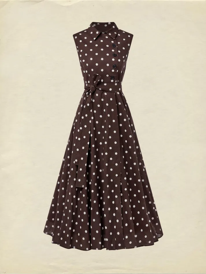 Midi Cotton Dress , Sleeveless, Shawl Collar, Polka Dots, Button Design, French Vintage, Coffee
