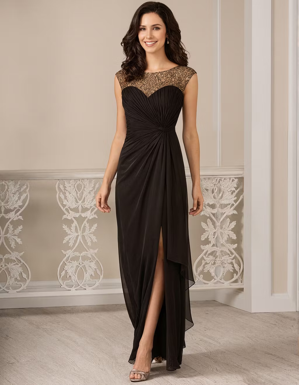 Black And Gold Lace Ruffled Chiffon Slit Maxi Dress