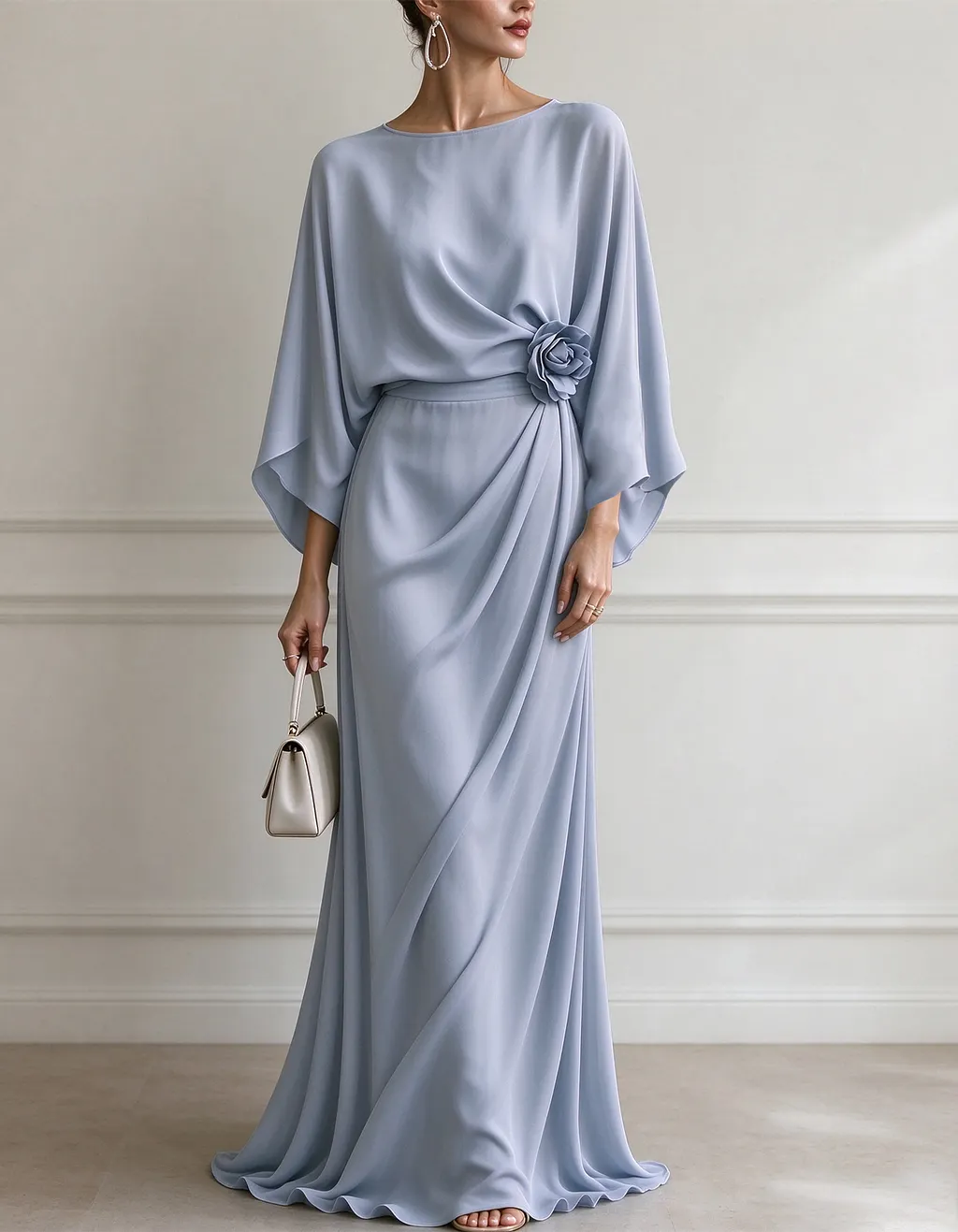 Solid Color Boat Neck Batwing Sleeves Maxi Dress