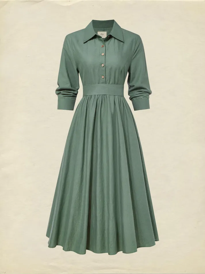 Midi Linen Dress, Half Sleeve, Linen Blend, Plain, Renaissance, Green