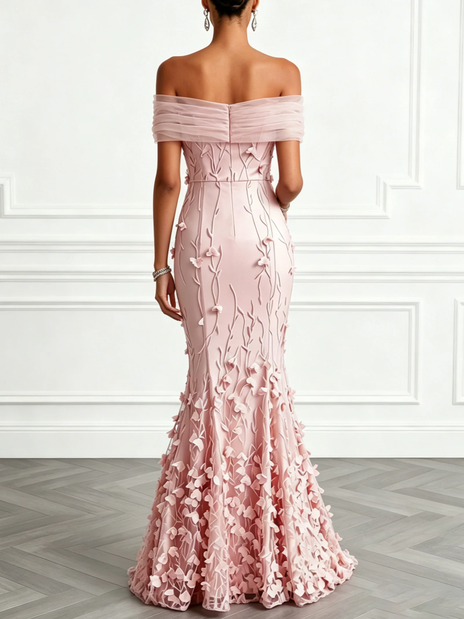 Light Pink 3D Floral Embroidery Classic Off The Shoulder Short Sleeve Mermaid Gown Dress